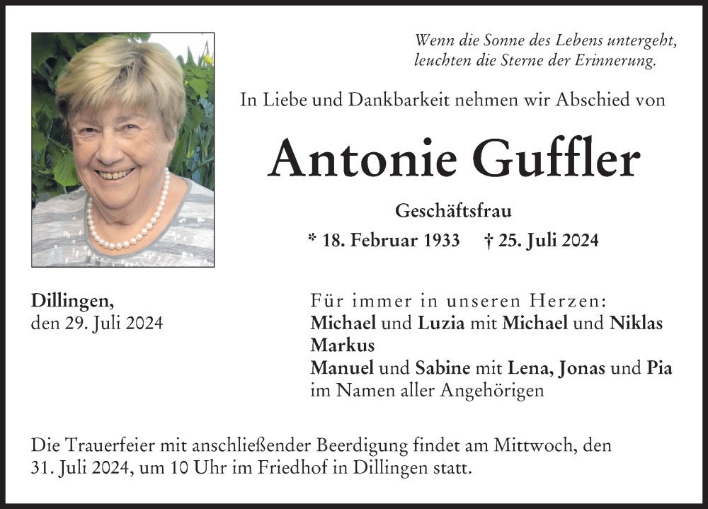 Traueranzeige von Antonie Guffler von Donau Zeitung