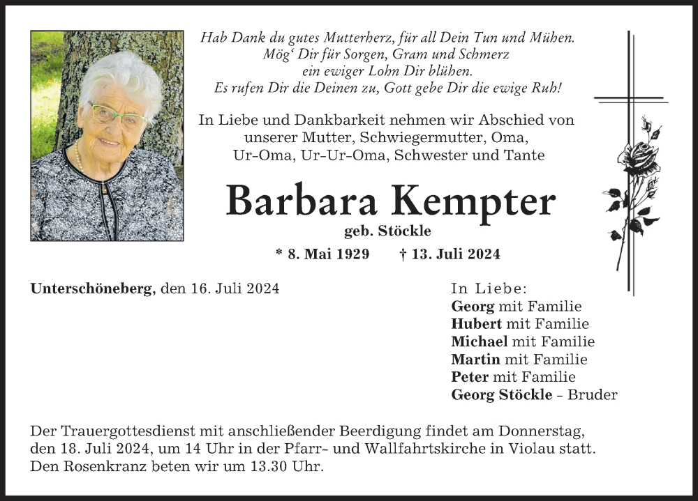Traueranzeige von Barbara Kempter von Wertinger Zeitung, Augsburg-Land