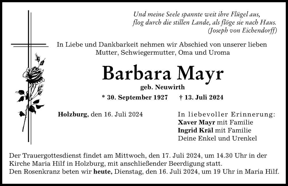 Traueranzeige von Barbara Mayr von Friedberger Allgemeine