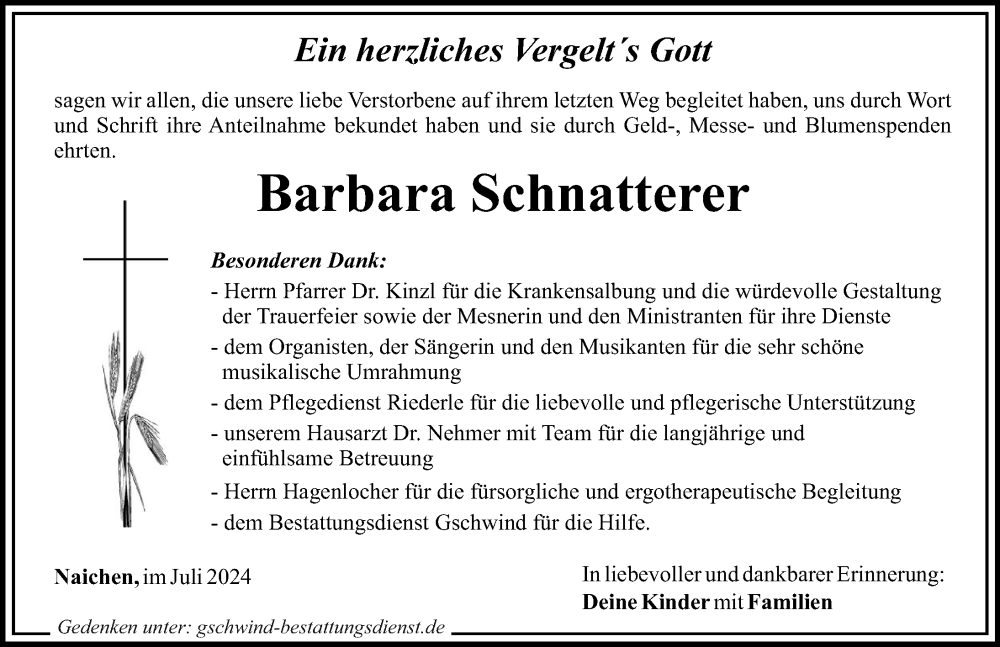 Traueranzeige von Barbara Schnatterer von Mittelschwäbische Nachrichten
