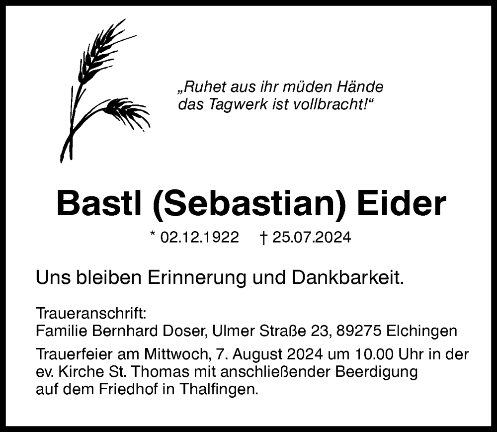 Traueranzeige von Bastl Eider von Augsburger Allgemeine, Neu-Ulmer Zeitung