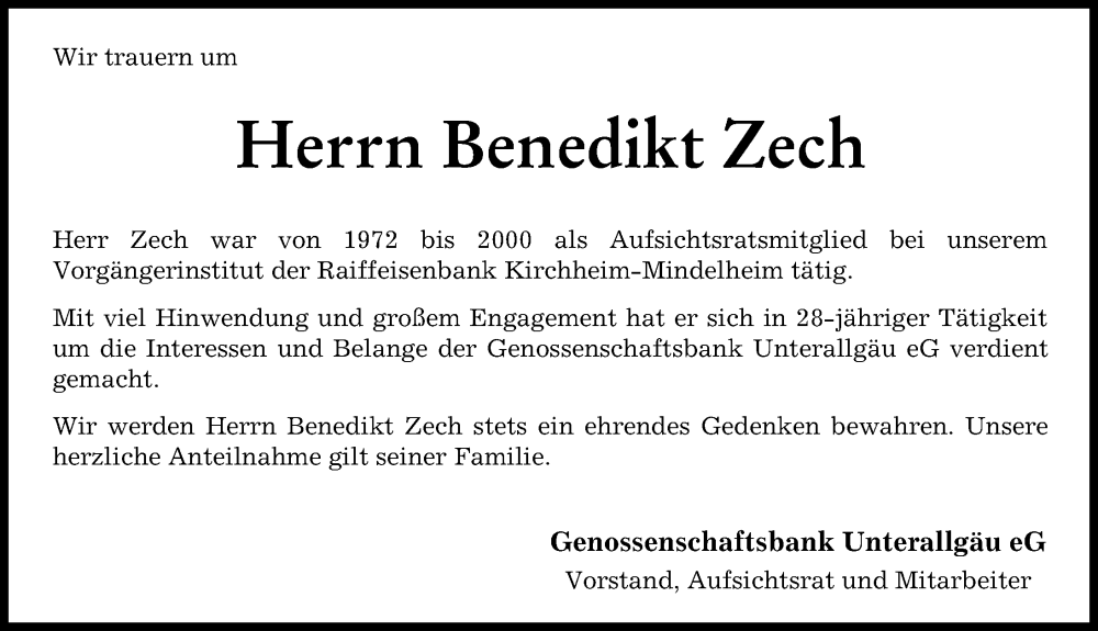 Traueranzeige von Benedikt Zech von Mindelheimer Zeitung
