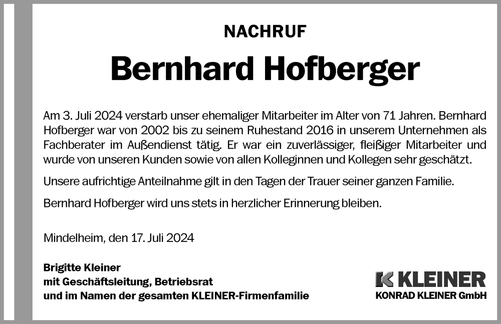 Traueranzeige von Bernhard Hofberger von Aichacher Nachrichten