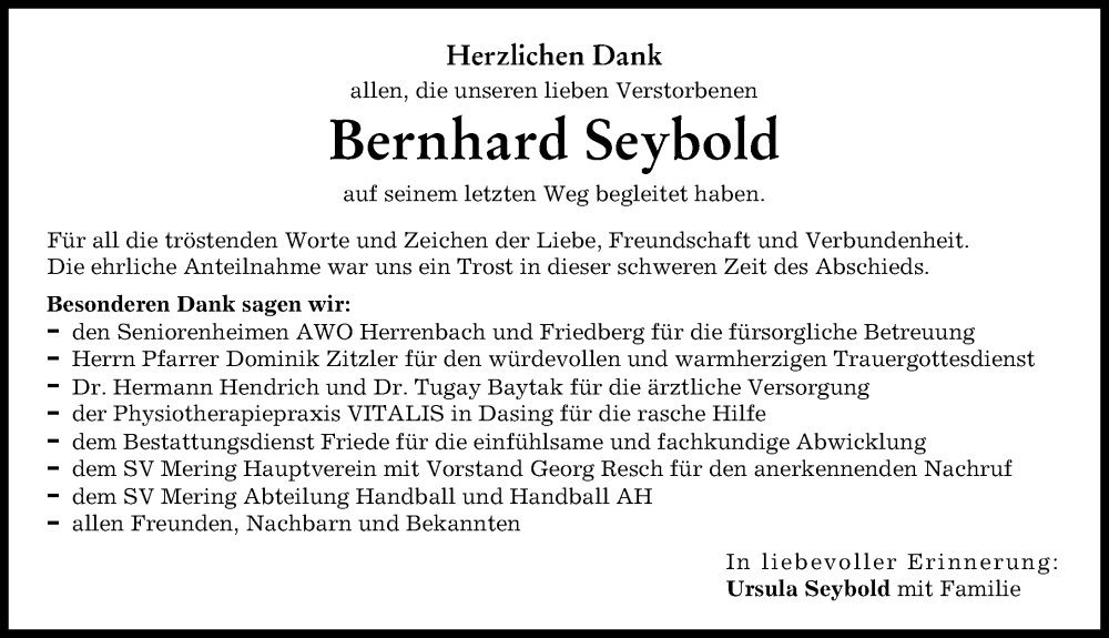 Traueranzeige von Bernhard Seybold von Friedberger Allgemeine