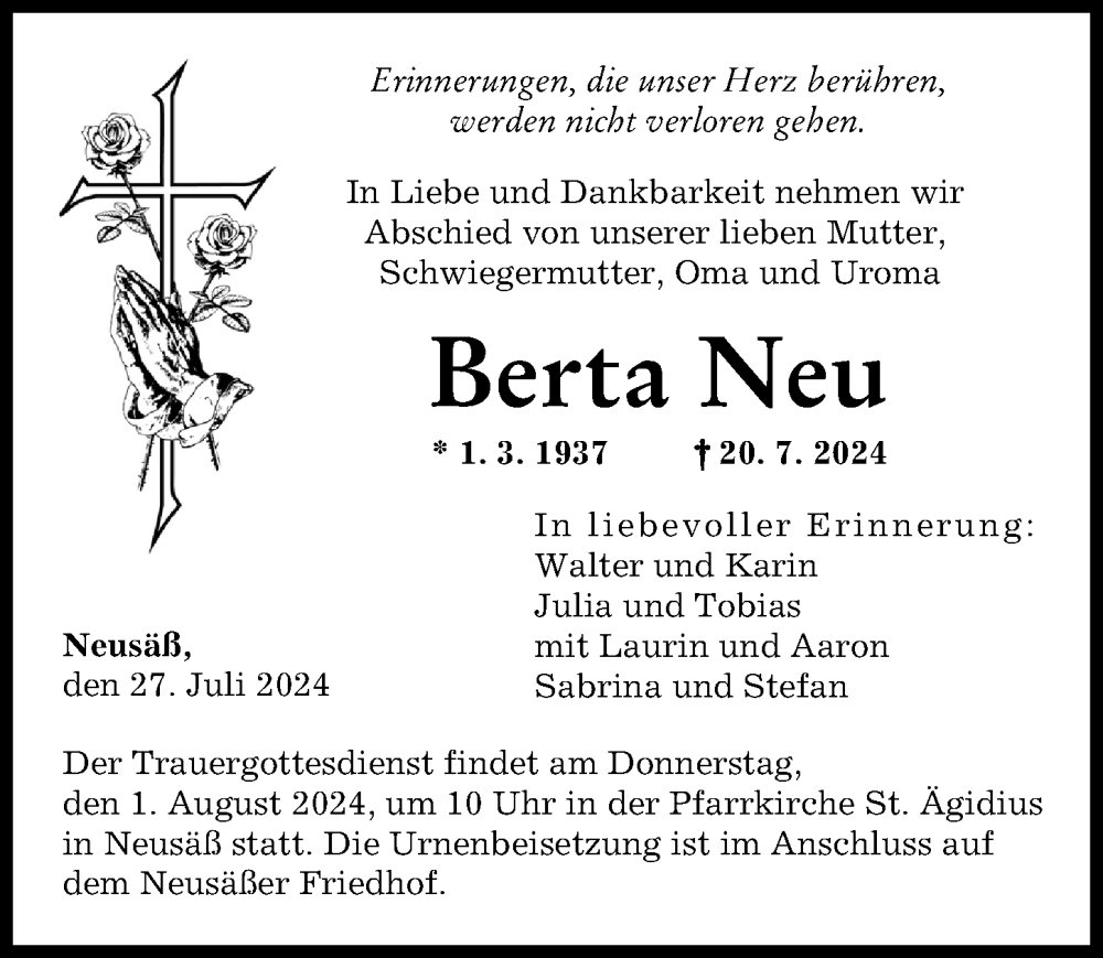 Traueranzeige von Berta Neu von Augsburger Allgemeine