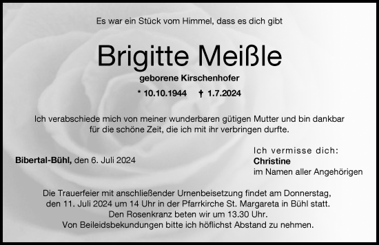Traueranzeige von Brigitte Meißle von Günzburger Zeitung
