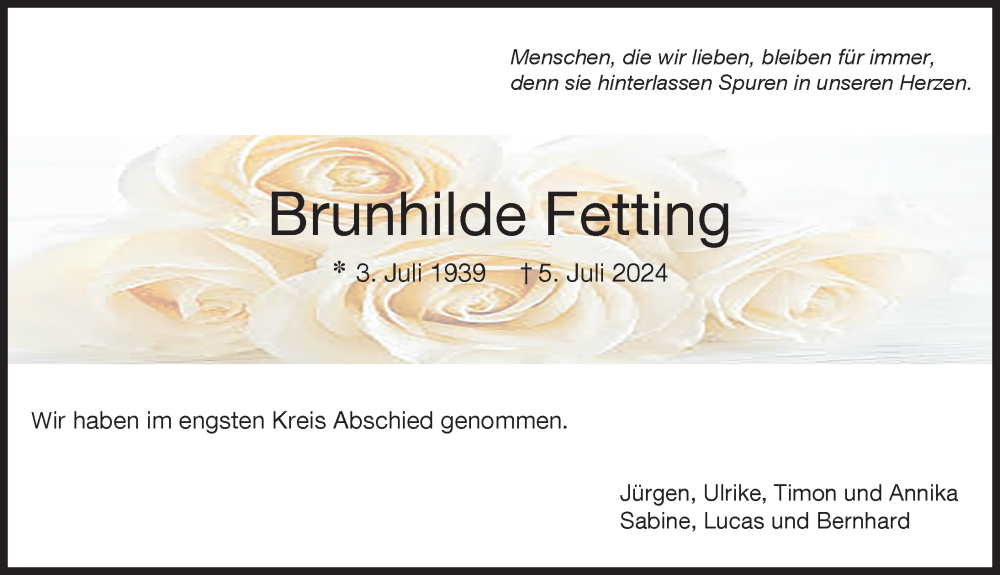 Traueranzeige von Brunhilde Fetting von Friedberger Allgemeine