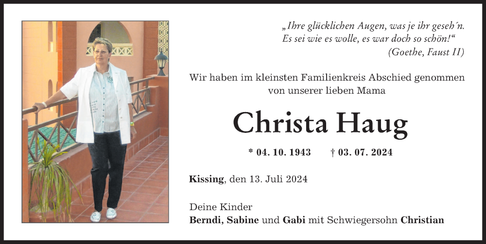 Traueranzeige von Christa Haug von Friedberger Allgemeine