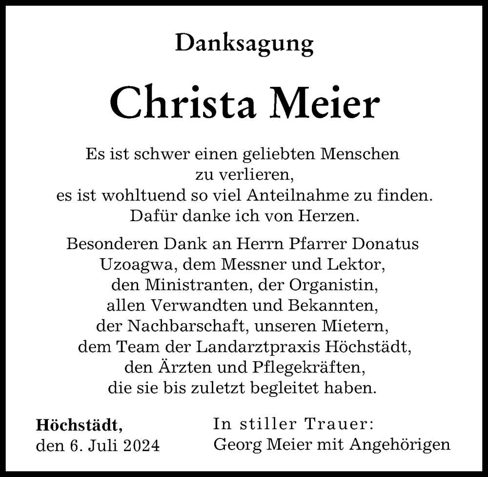 Traueranzeige von Christa Meier von Donau Zeitung