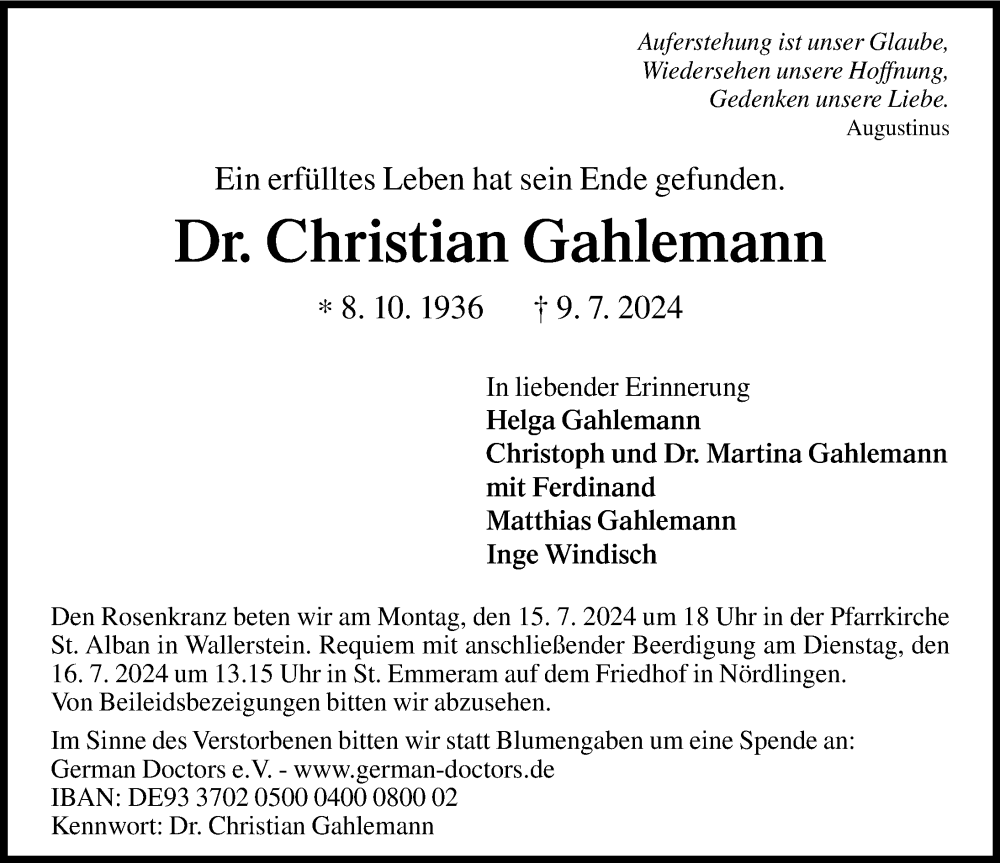 Traueranzeige von Christian Gahlemann von Rieser Nachrichten