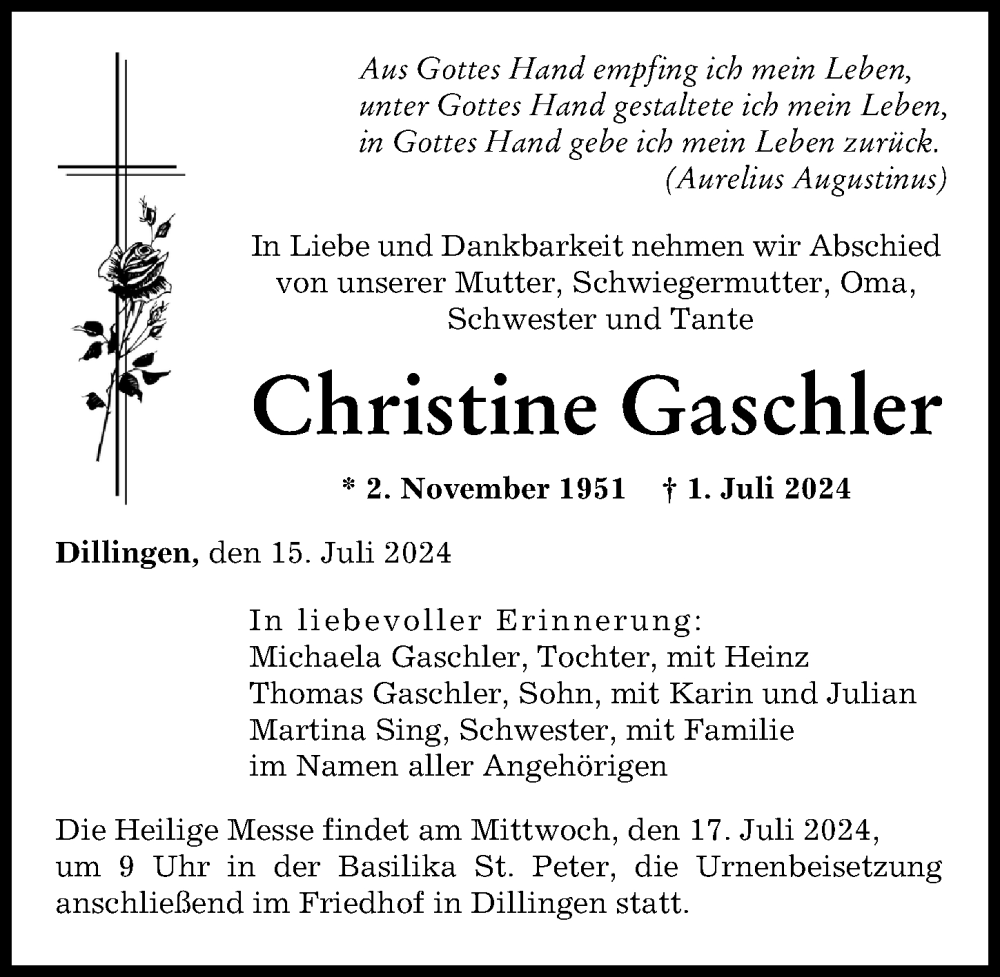 Traueranzeige von Christine Gaschler von Donau Zeitung