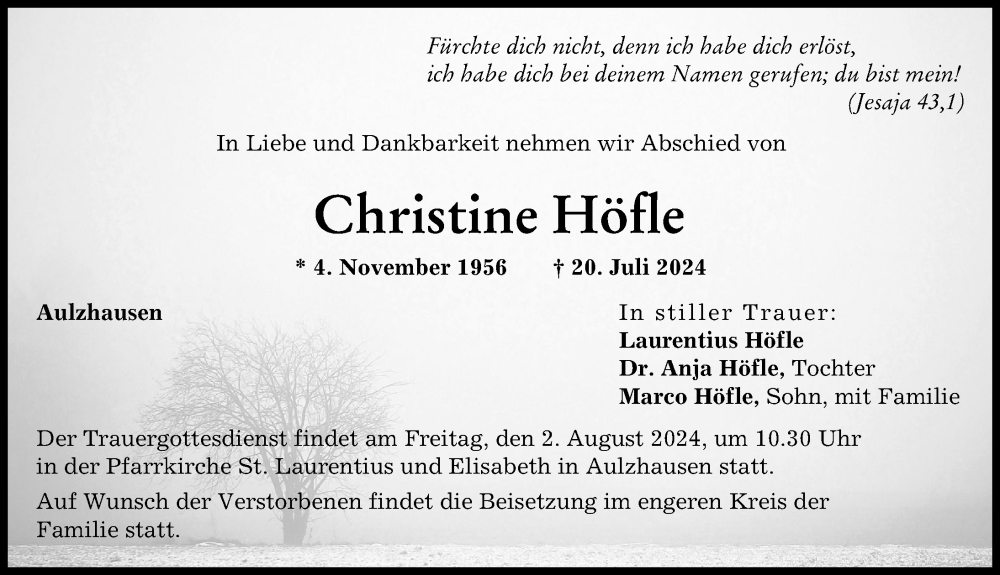 Traueranzeige von Christine Höfle von Aichacher Nachrichten
