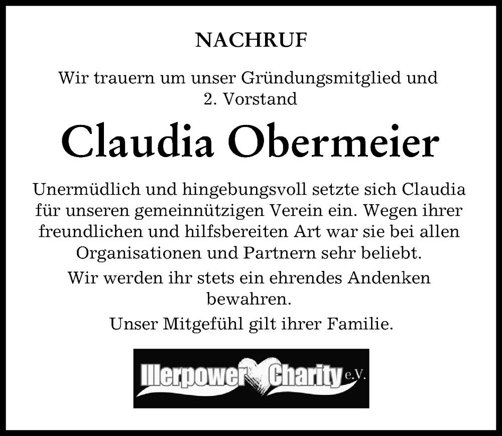 Traueranzeige von Claudia Obermeier von Neu-Ulmer Zeitung