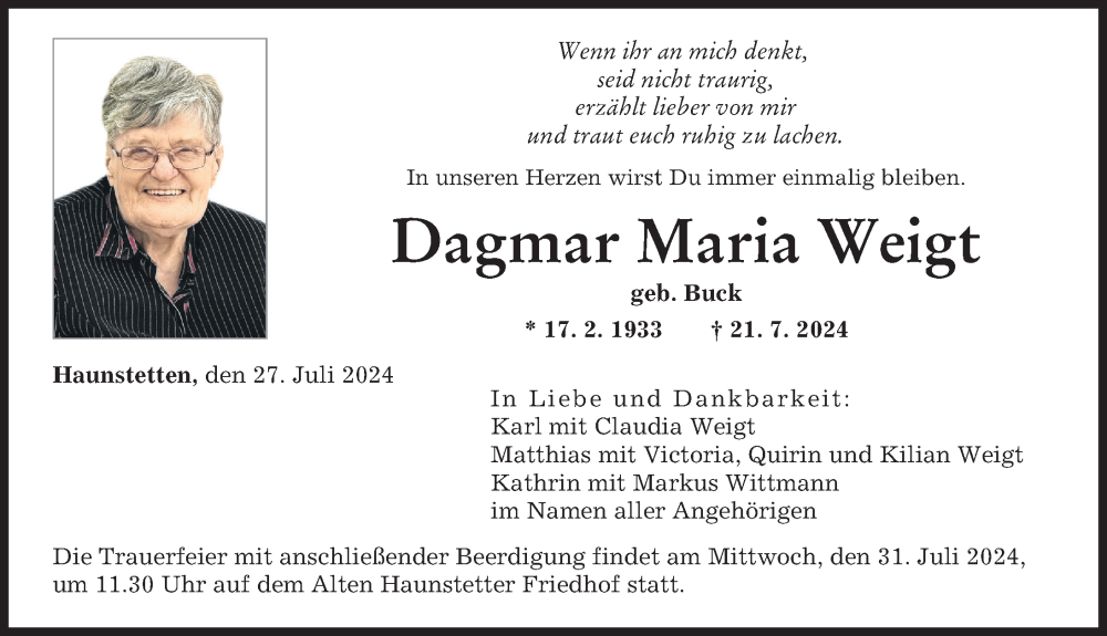 Traueranzeige von Dagmar Maria Weigt von Augsburger Allgemeine
