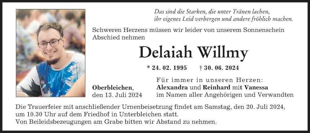 Traueranzeige von Delaiah Willmy von Mittelschwäbische Nachrichten, Günzburger Zeitung