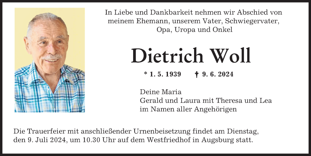 Traueranzeige von Dietrich Woll von Augsburger Allgemeine