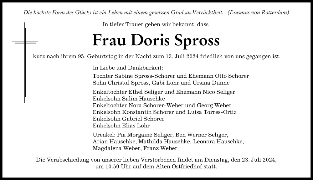 Traueranzeige von Doris Spross von Schwabmünchner Allgemeine