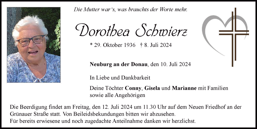 Traueranzeige von Dorothea Schwierz von Neuburger Rundschau