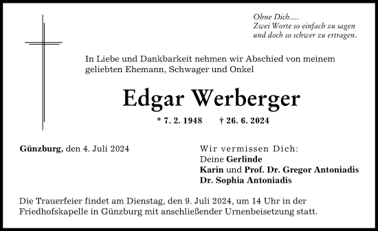 Traueranzeige von Edgar Werberger von Günzburger Zeitung