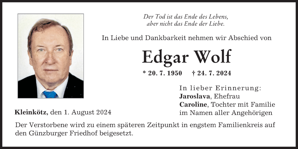 Traueranzeige von Edgar Wolf von Günzburger Zeitung