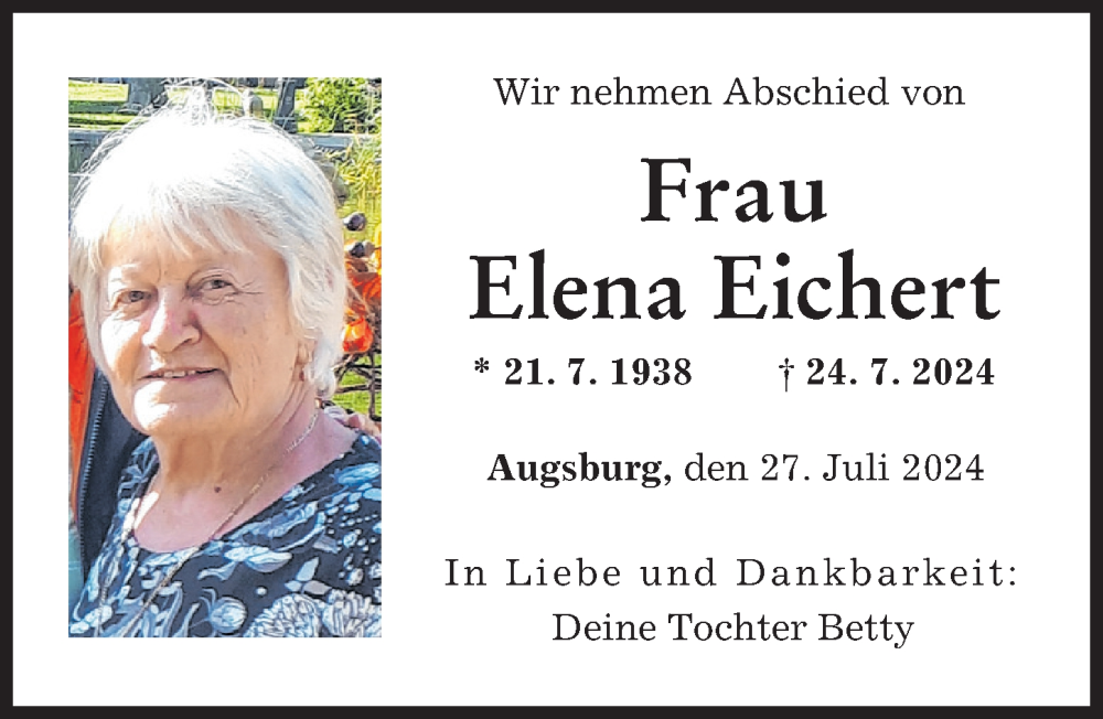 Traueranzeige von Elena Eichert von Augsburger Allgemeine