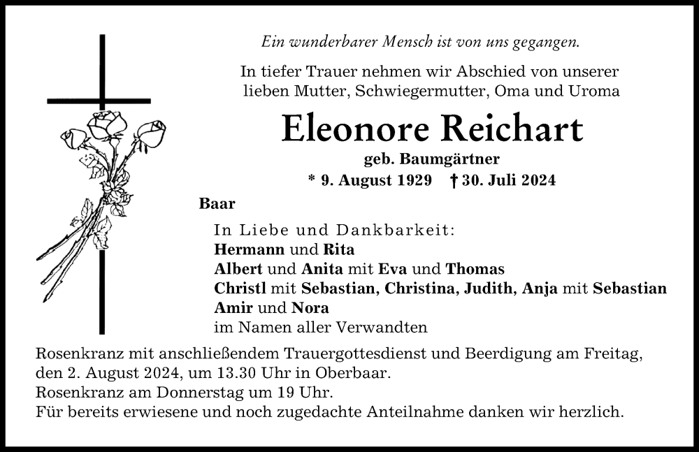 Traueranzeige von Eleonore Reichart von Aichacher Nachrichten