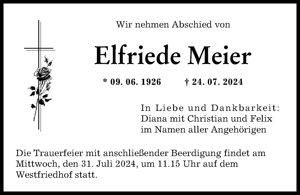 Traueranzeige von Elfriede Meier von Augsburger Allgemeine