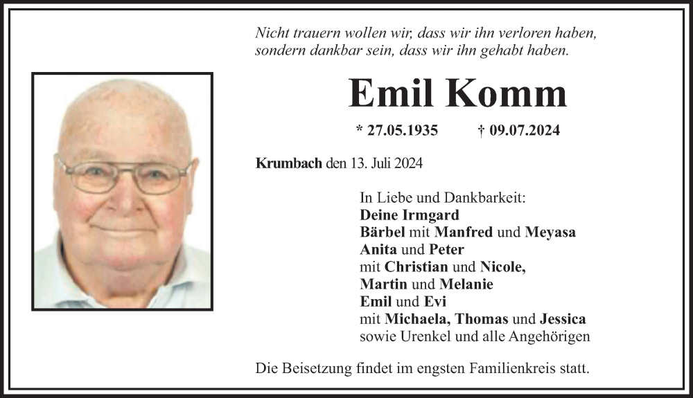 Traueranzeige von Emil Komm von Mittelschwäbische Nachrichten