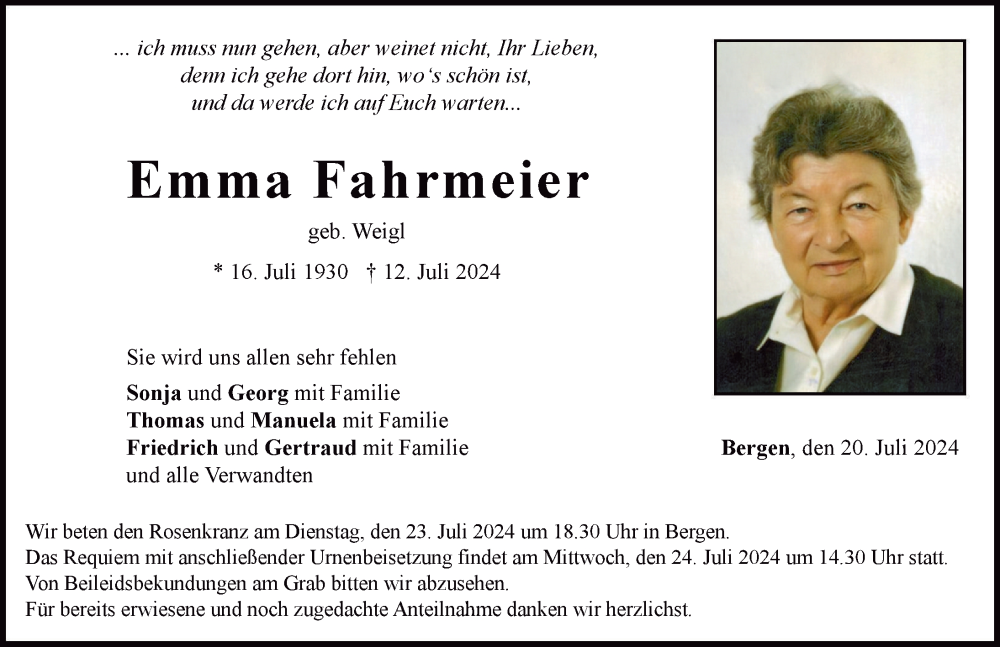 Traueranzeige von Emma Fahrmeier von Neuburger Rundschau