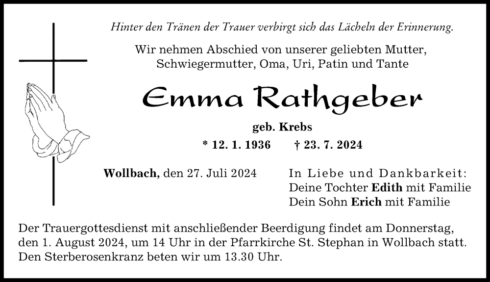 Traueranzeige von Emma Rathgeber von Augsburg-Land
