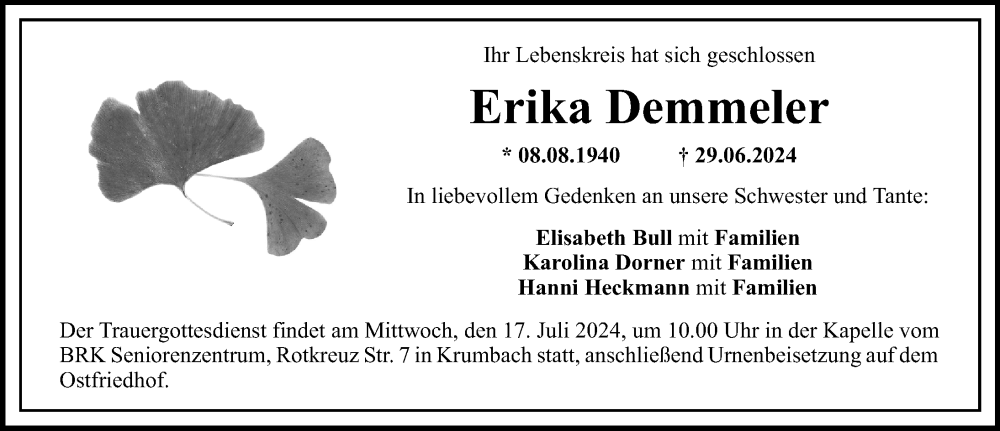 Traueranzeige von Erika Demmeler von Mittelschwäbische Nachrichten