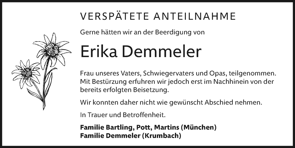 Traueranzeige von Erika Demmeler von Mittelschwäbische Nachrichten