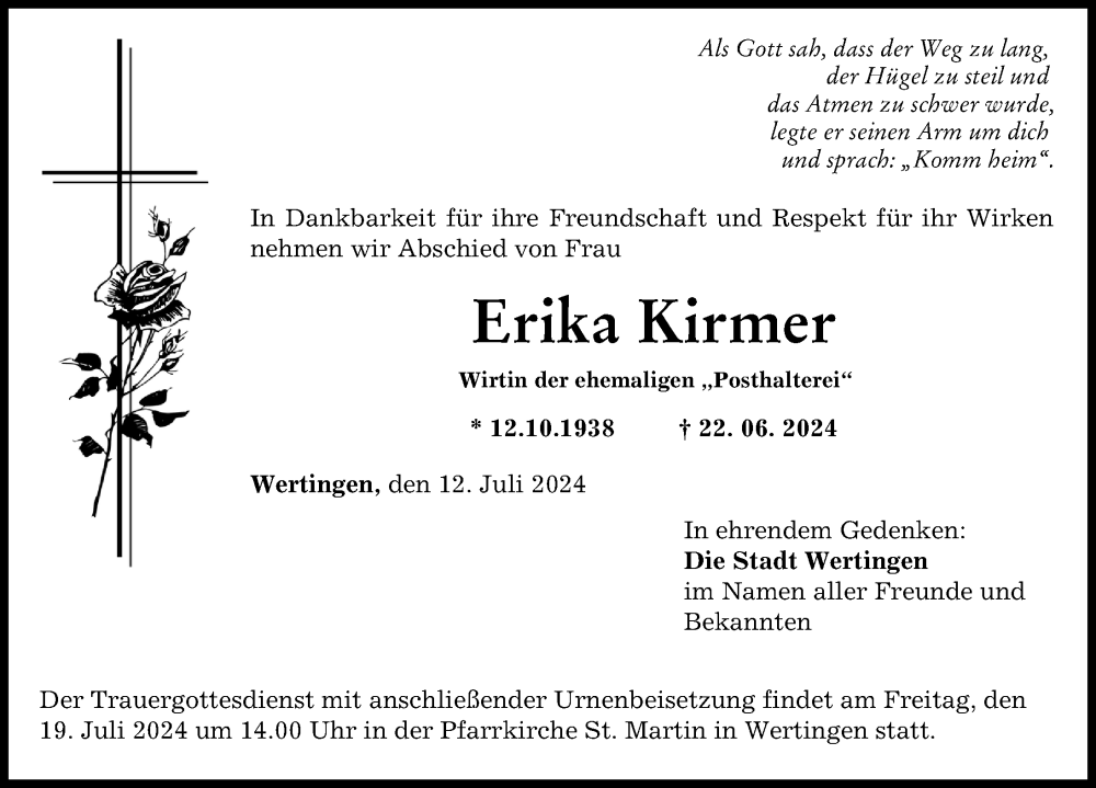 Traueranzeige von Erika Kirmer von Wertinger Zeitung