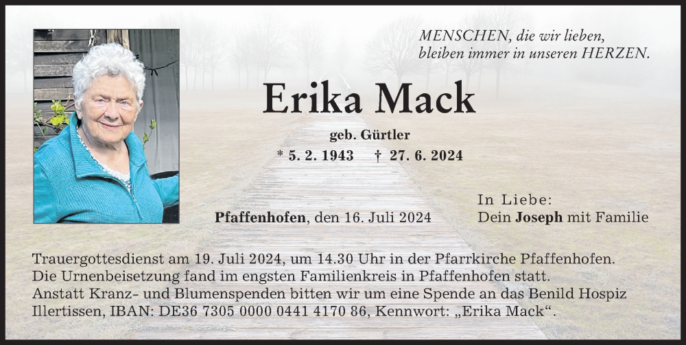 Traueranzeige von Erika Mack von Neu-Ulmer Zeitung