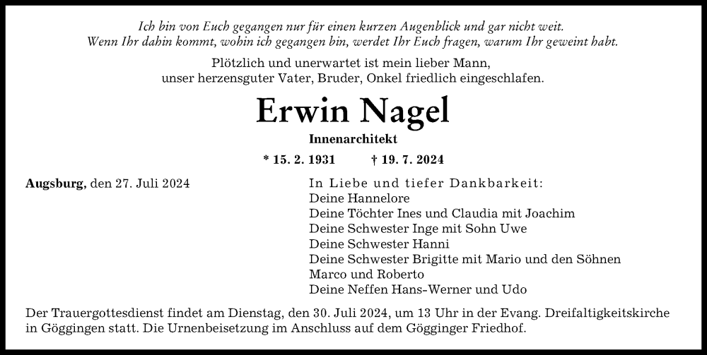 Traueranzeige von Erwin Nagel von Augsburger Allgemeine