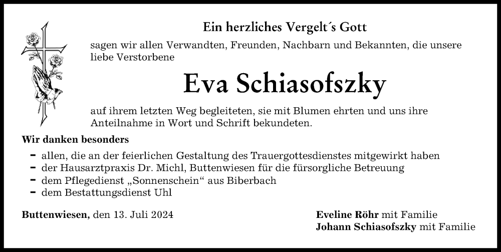 Traueranzeige von Eva Schiasofszky von Wertinger Zeitung