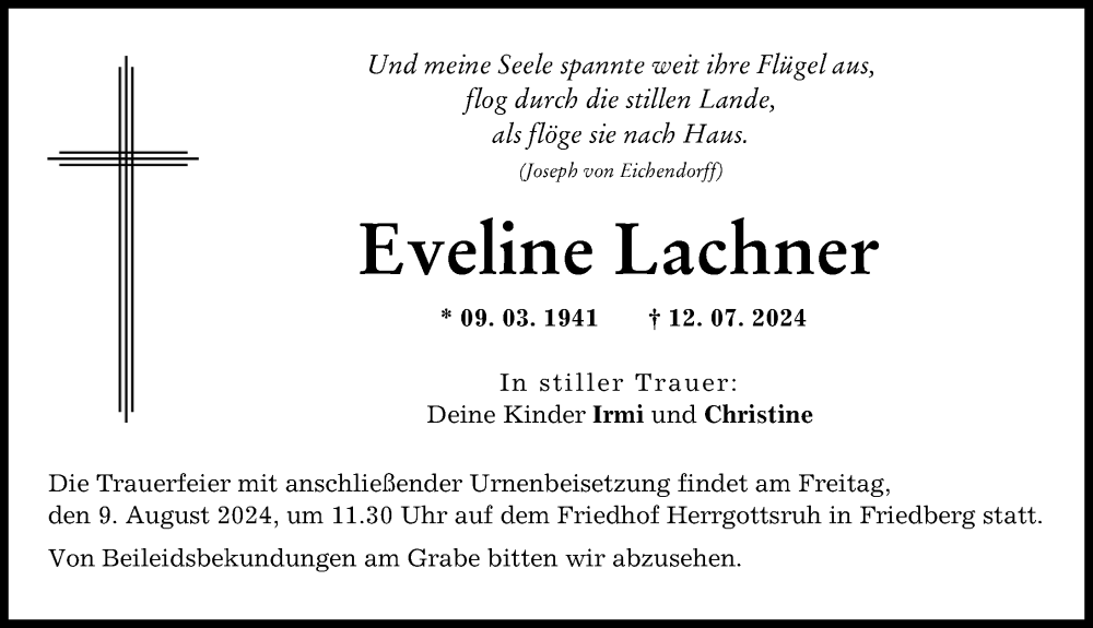 Traueranzeige von Eveline Lachner von Friedberger Allgemeine