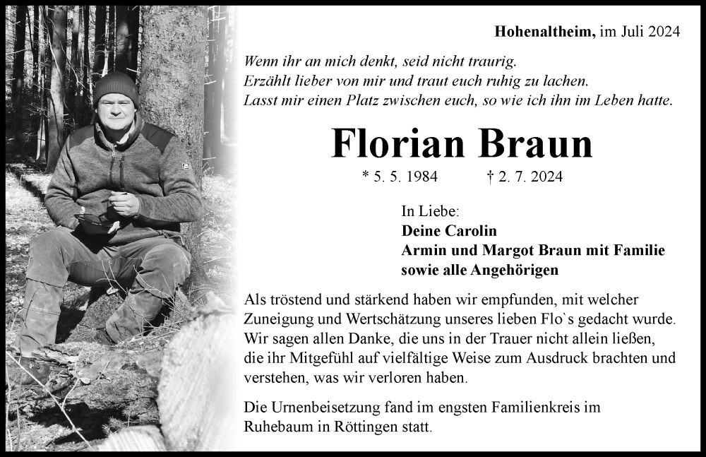  Traueranzeige für Florian Braun vom 13.07.2024 aus Rieser Nachrichten