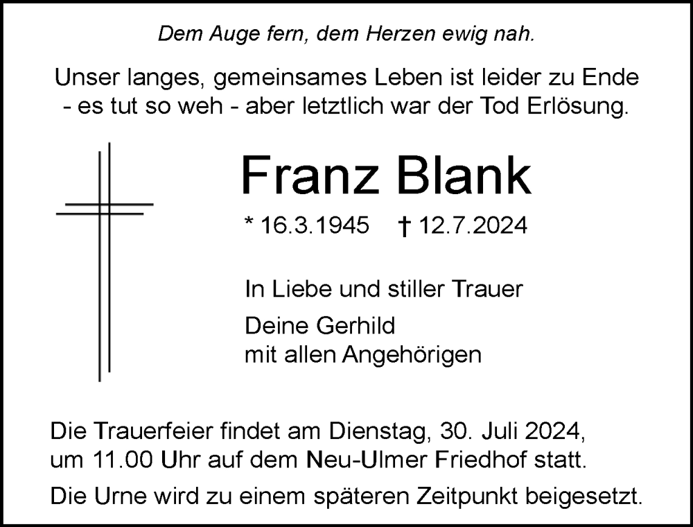 Traueranzeige von Franz Blank von Augsburger Allgemeine, Neu-Ulmer Zeitung