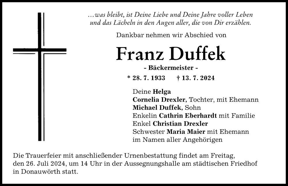 Traueranzeige von Franz Duffek von Donauwörther Zeitung