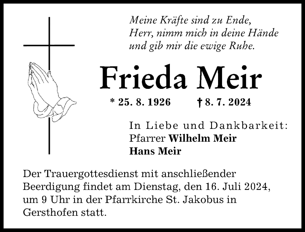 Traueranzeige von Frieda Meir von Wertinger Zeitung, Augsburg-Land