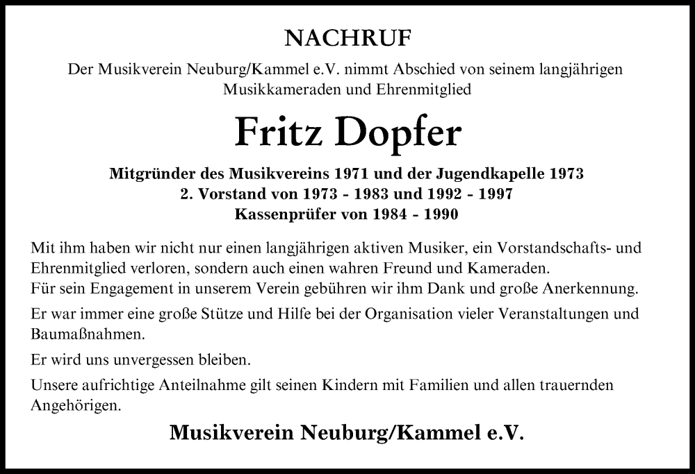 Traueranzeige von Fritz Dopfer von Mittelschwäbische Nachrichten