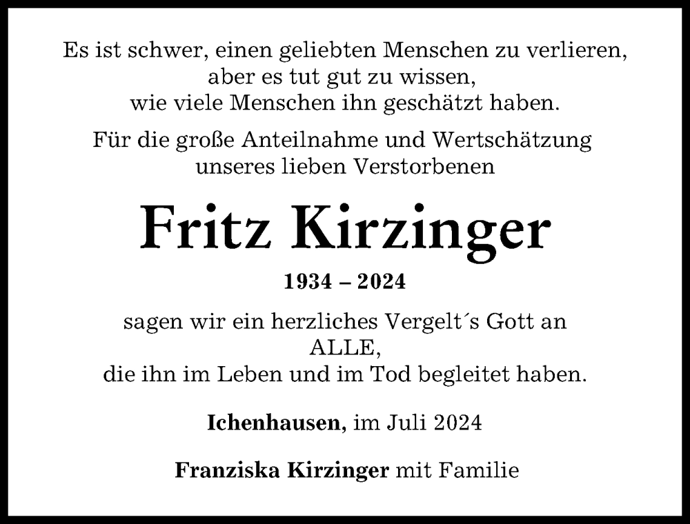 Traueranzeige von Fritz Kirzinger von Günzburger Zeitung