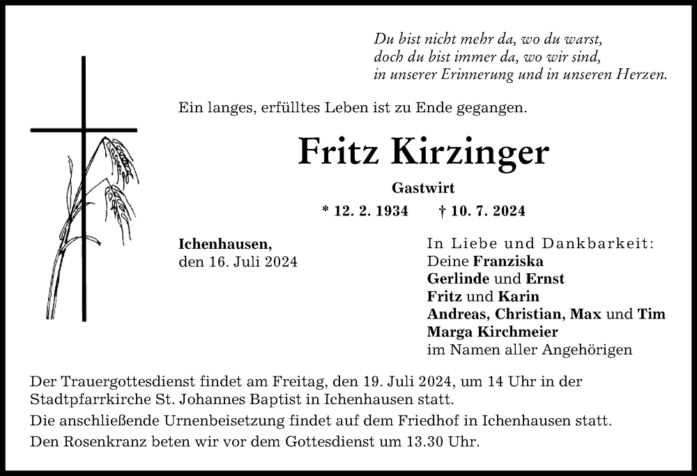 Traueranzeige von Fritz Kirzinger von Günzburger Zeitung