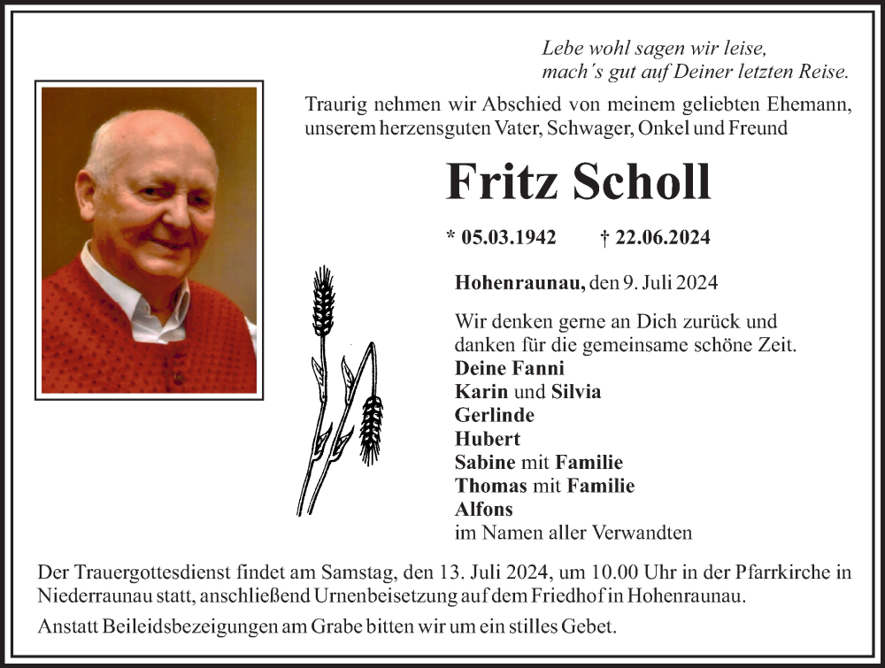 Traueranzeige von Fritz Scholl von Mittelschwäbische Nachrichten