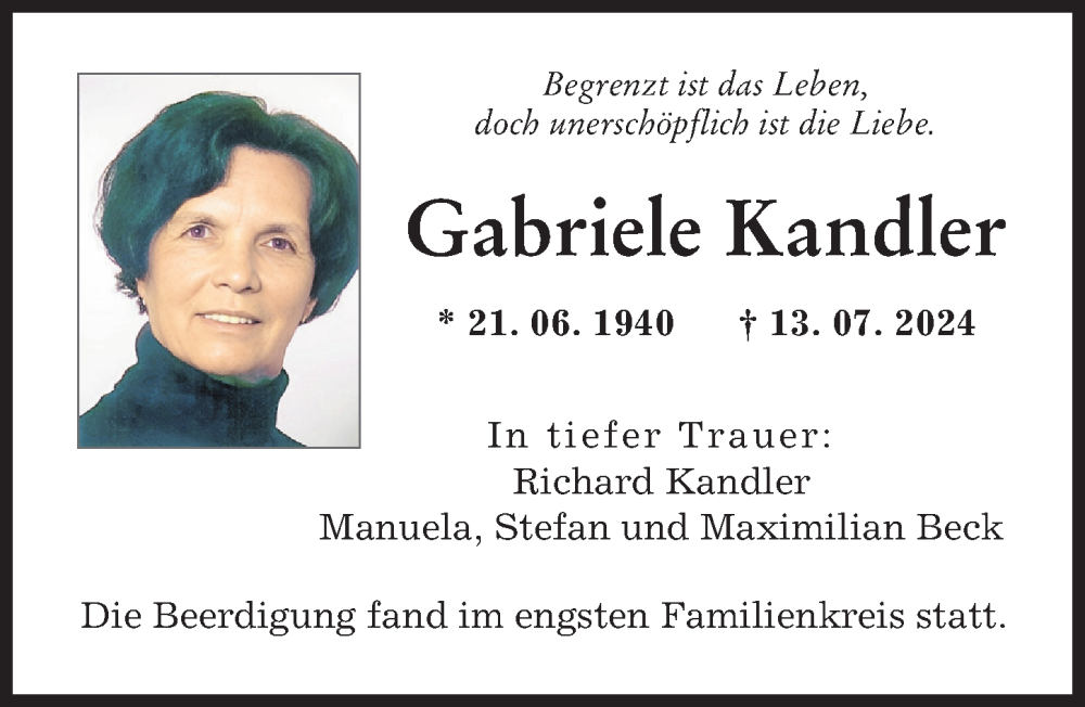 Traueranzeige von Gabriele Kandler von Augsburger Allgemeine