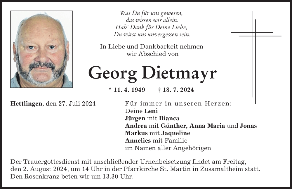 Traueranzeige von Georg Dietmayr von Wertinger Zeitung, Augsburg-Land