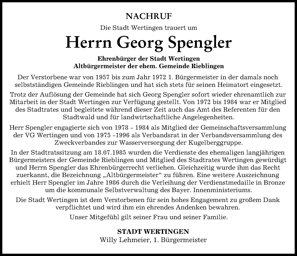 Traueranzeige von Georg Spengler von Wertinger Zeitung