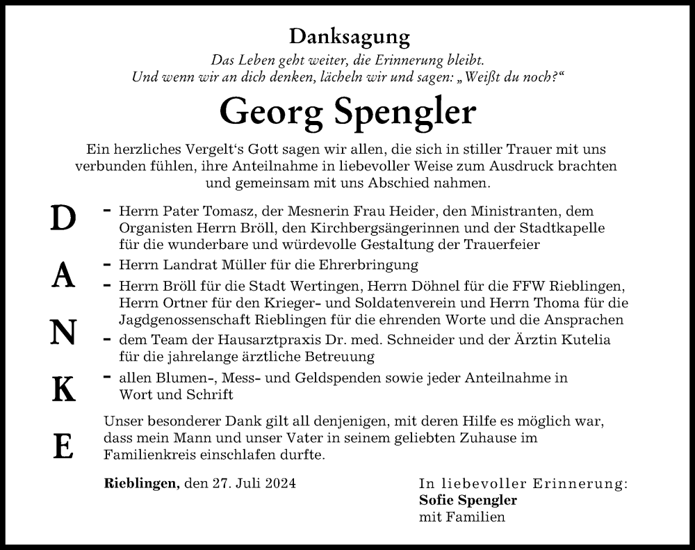 Traueranzeige von Georg Spengler von Wertinger Zeitung