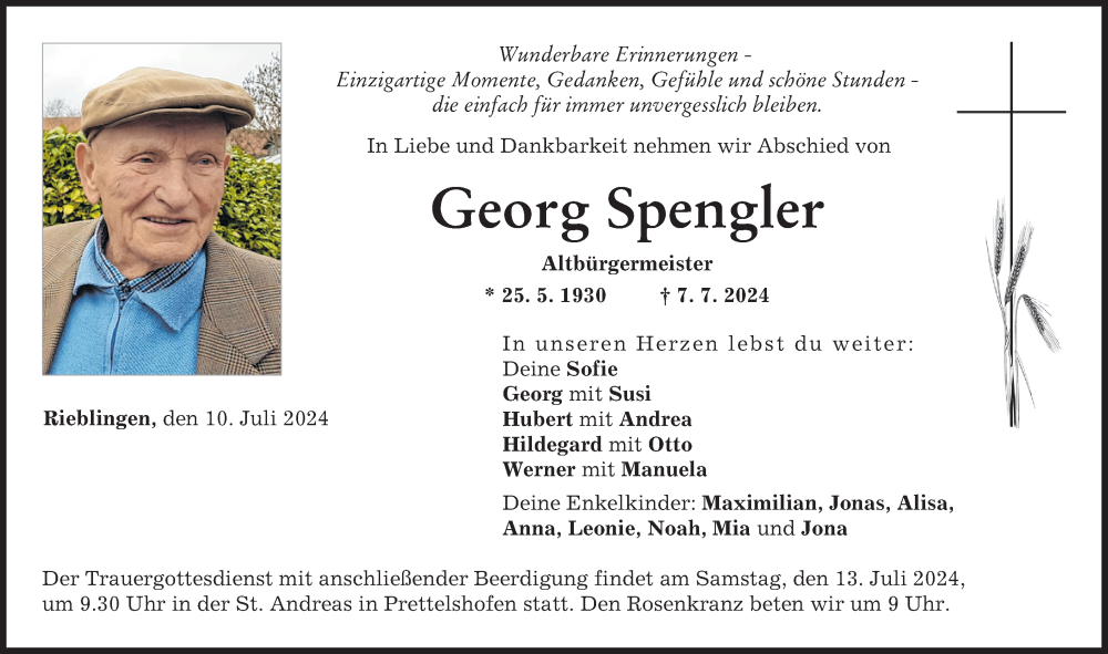 Traueranzeige von Georg Spengler von Wertinger Zeitung